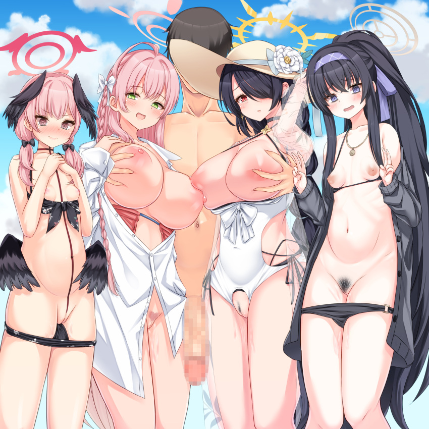 1boy 4girls @_@ bikini black_hair blue_archive blue_eyes bottomless breasts censored clothed_female_nude_male clothing_cutout commentary_request cowboy_shot faceless faceless_male grabbing grabbing_another's_breast green_eyes halo hanako_(blue_archive) hanako_(swimsuit)_(blue_archive) harem hat highres hinata_(blue_archive) hinata_(swimsuit)_(blue_archive) huge_penis koharu_(blue_archive) koharu_(swimsuit)_(blue_archive) large_breasts mosaic_censoring multiple_girls nipples nude one_eye_covered orange_eyes outdoors panties panty_pull partial_commentary penis pink_hair pubic_hair pussy red_eyes sensei_(blue_archive) shipua_(the_worst_night_ever) small_breasts smile standing straw_hat swimsuit ui_(blue_archive) ui_(swimsuit)_(blue_archive) underwear