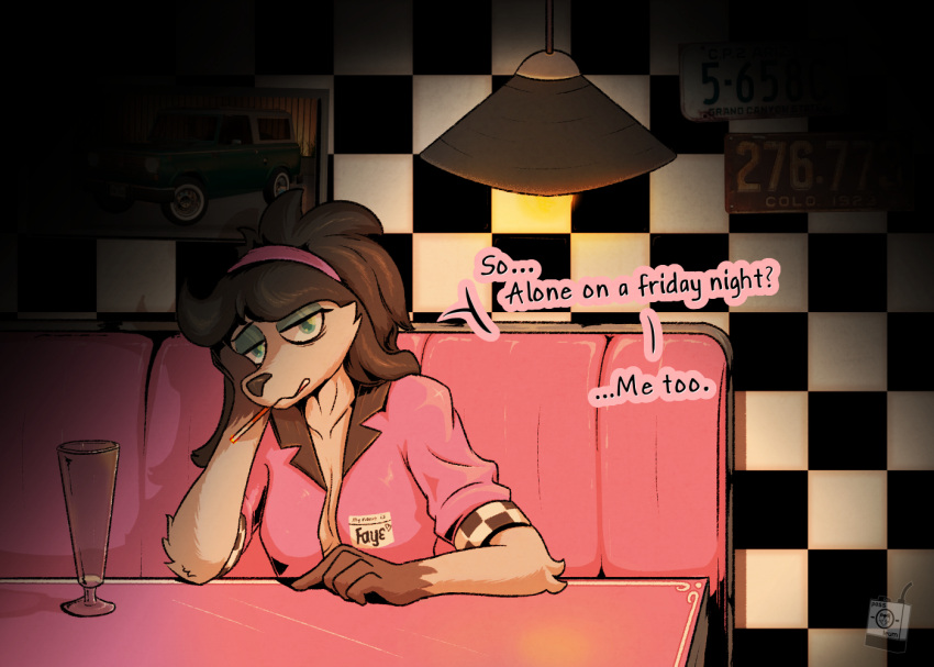 accessory anthro beer_glass canid canine canis checkered_background dialogue diner domestic_dog english_text female hair_accessory hairband license_plate makeup mammal pattern_background poodle possoleum simple_background text tired_eyes waiter waitress_uniform