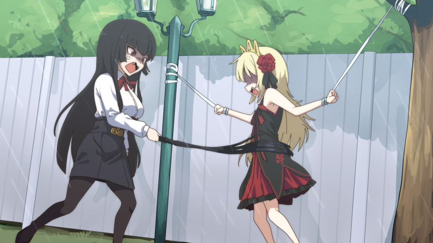 2girls anger_vein atore bangs black_dress black_hair black_pantyhose black_skirt blonde_hair bound bound_wrists breasts brown_eyes cat_o'_nine_tails collared_shirt commentary_request crown day dress ecute fang fangs feet_out_of_frame fence flat_chest flower fuka_(kantoku) hair_flower hair_ornament highres hime_cut jashin-chan_dropkick long_hair long_sleeves manatsu_no_yo_no_inmu medium_breasts multiple_girls open_mouth outdoors pantyhose pencil_skirt red_dress red_flower shirt skirt slit_pupils sunlight tree two-tone_dress v-shaped_eyebrows whip whipping white_shirt