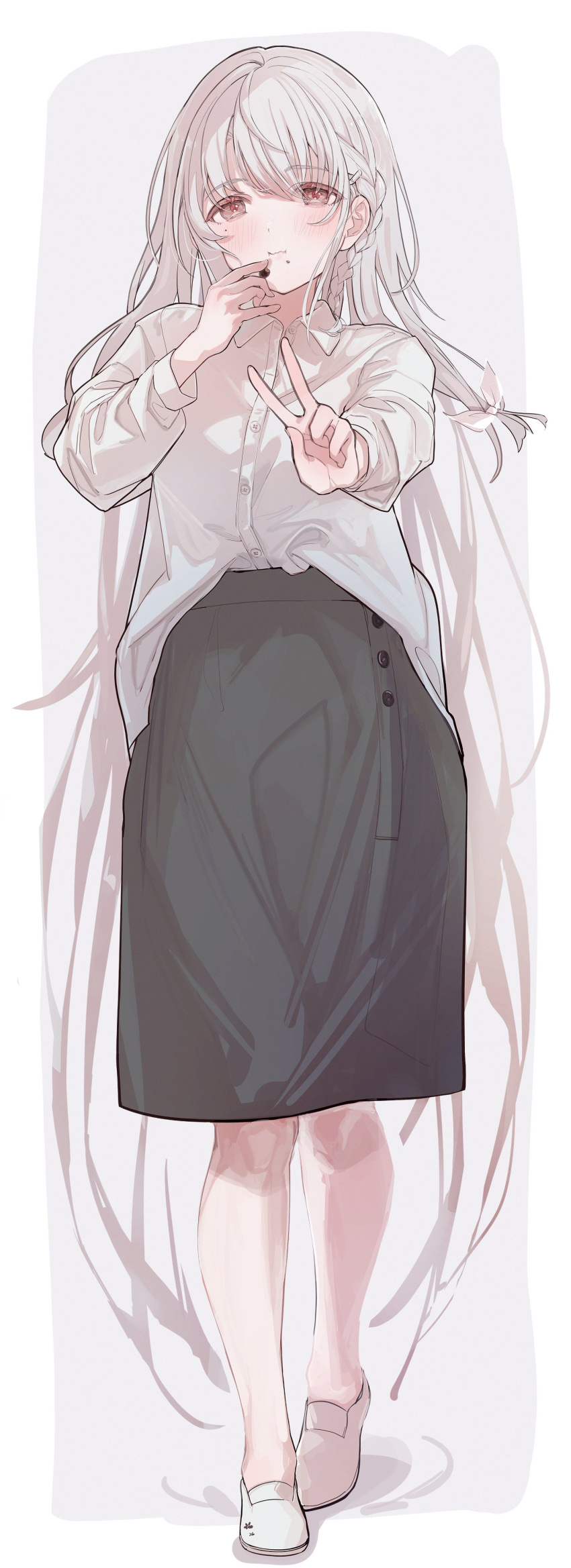 1girl absurdres brown_eyes collared_shirt dress_shirt eating full_body grey_skirt highres karya long_hair long_sleeves original shirt shirt_partially_tucked_in skirt solo standing v very_long_hair white_footwear white_hair white_shirt