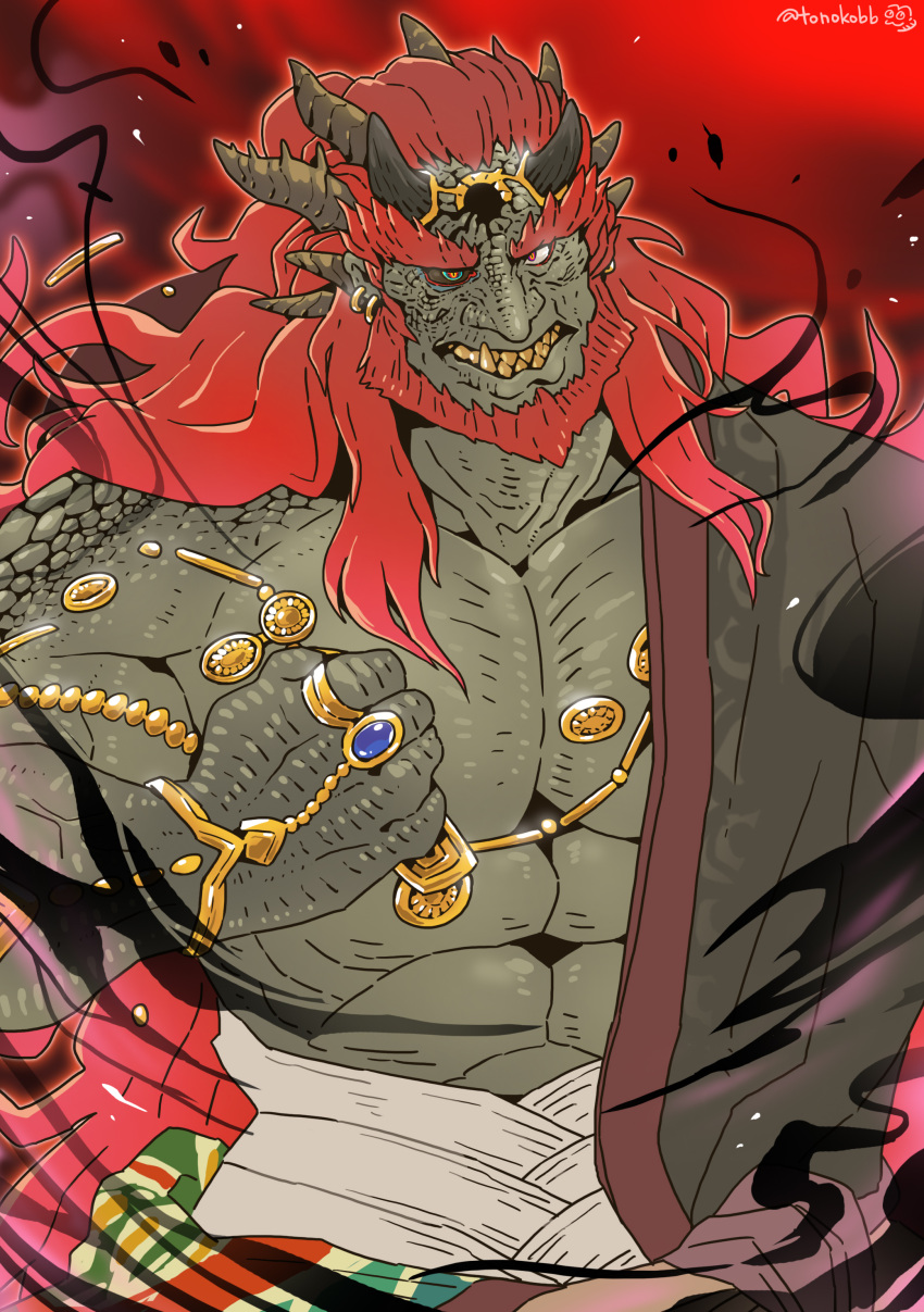 1boy abs absurdres beard black_sclera clenched_hand collarbone colored_sclera colored_skin earrings facial_hair fang ganondorf gold_earrings grey_skin grimace hadanugi_dousa highres horns huge_eyebrows jewelry long_hair magic male_focus monsterification multiple_horns pectorals red_background red_hair ring scales sharp_teeth slit_pupils solo teeth the_legend_of_zelda the_legend_of_zelda:_tears_of_the_kingdom thick_eyebrows tonokobb twitter_username upper_body very_long_hair yellow_eyes yellow_teeth