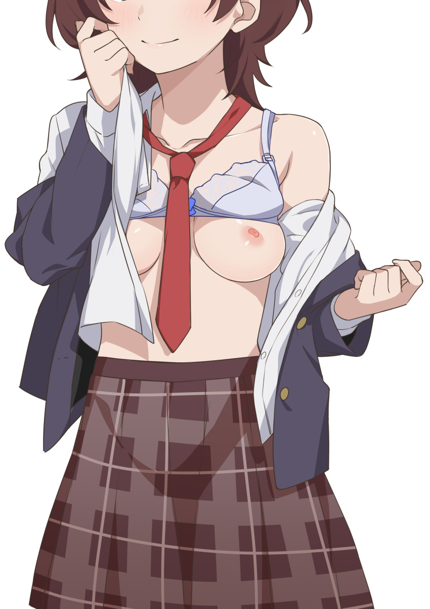 1girl bra bra_lift breasts brown_hair brown_skirt closed_mouth collarbone commentary_request head_out_of_frame highres hinami_aoi jaku-chara_tomozaki-kun medium_breasts morisobo necktie nipples plaid plaid_skirt red_necktie school_uniform short_hair simple_background skirt smile solo underwear white_background