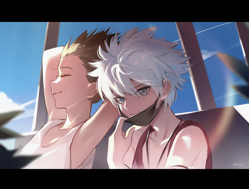 2boys arms_up black_hair black_mask closed_eyes cloud day gon_freecss grey_eyes hair_between_eyes highres hunter_x_hunter kiko killua_zoldyck letterboxed male_focus mask mask_pull mouth_mask multiple_boys red_tank_top sky spiked_hair tank_top upper_body white_hair white_tank_top