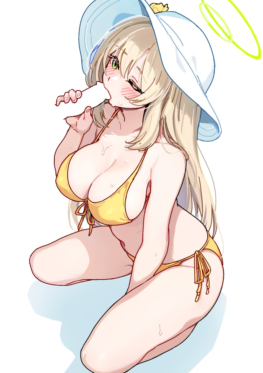1girl absurdres bikini blonde_hair blue_archive blush breasts censored cleavage commentary disembodied_penis fellatio flower green_eyes halo hat hat_flower highres large_breasts long_hair nonomi_(blue_archive) nonomi_(swimsuit)_(blue_archive) official_alternate_costume oral penis side-tie_bikini_bottom sideboob simple_background solo sun_hat swimsuit symbol-only_commentary taotao white_background white_headwear yellow_bikini yellow_flower