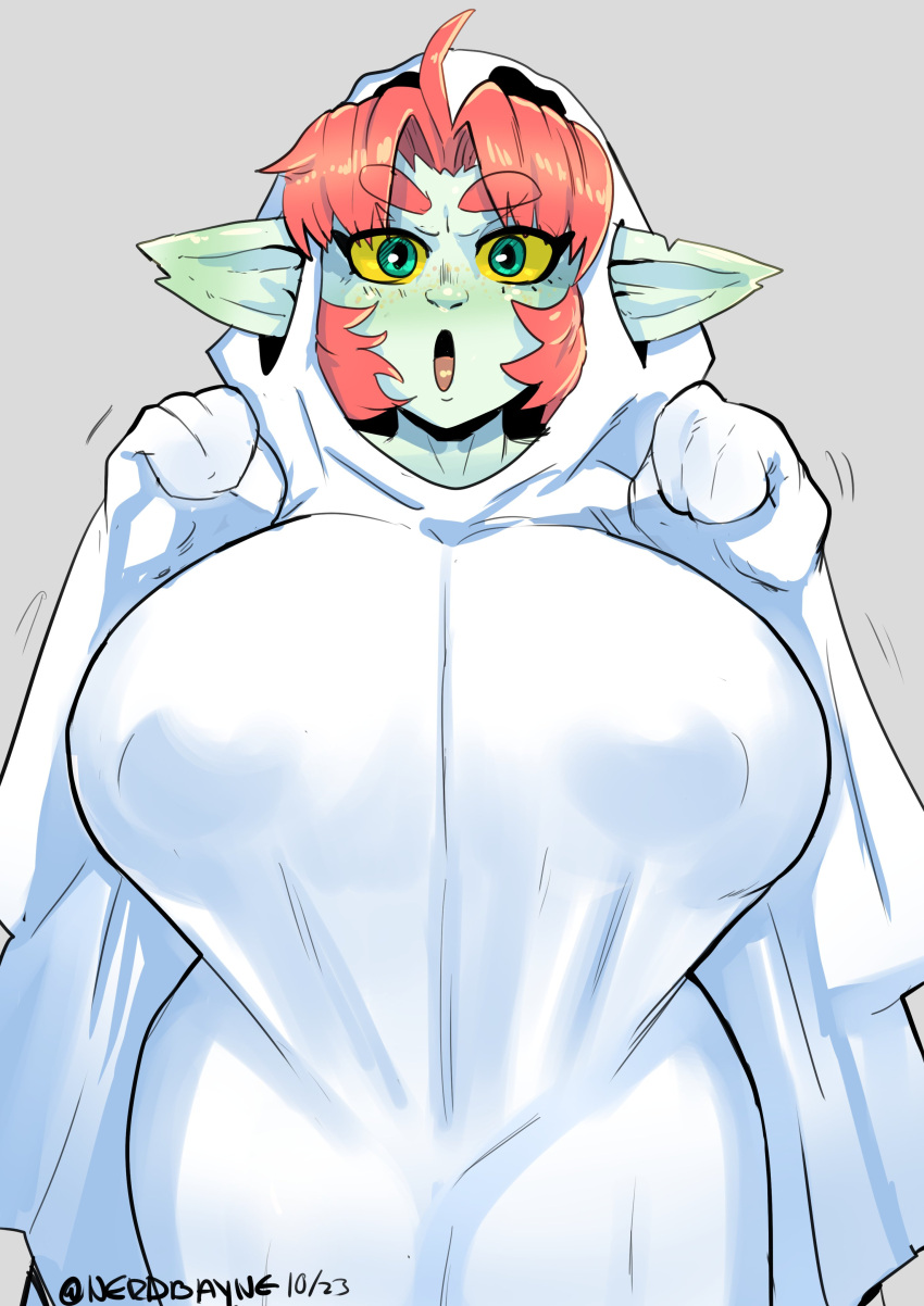 2023 absurd_res ahoge anart_(cliffpadfoot) bedsheet_ghost big_breasts breasts female freckles ghost_costume goblin green_body green_eyes green_skin grey_background hair hi_res huge_breasts humanoid humanoid_pointy_ears looking_at_viewer nerdbayne nipple_outline not_furry notched_ear open_mouth red_hair sheet_ghost signature simple_background solo yellow_sclera