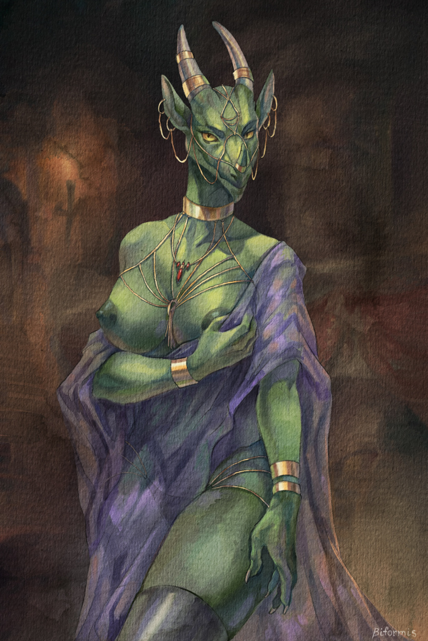 absurd_res anthro biformis big_breasts breasts clothed clothing dragon facial_horn female gold_(metal) gold_jewelry green_body green_scales hi_res horn horn_jewelry jewelry legwear necklace nipples non-mammal_nipples nose_horn painting_(artwork) partially_clothed pupils scales scalie slit_pupils solo stockings thigh_highs traditional_media_(artwork) watercolor_(artwork) wingless_dragon yellow_eyes