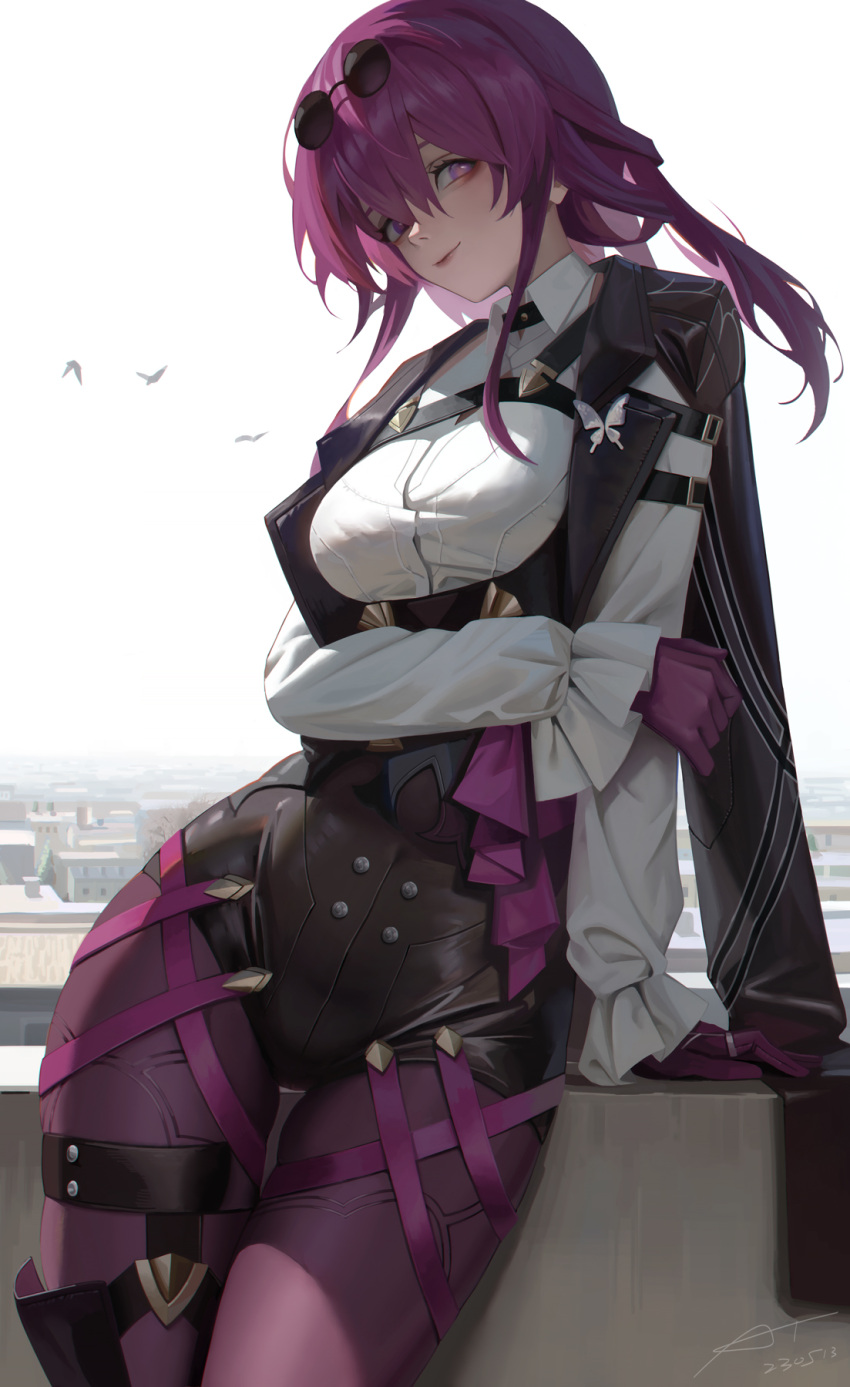 1girl bird black_jacket black_shorts butterfly_ornament chest_harness cityscape closed_mouth collared_shirt commentary cowboy_shot dated eyewear_on_head frilled_sleeves frills gloves harness high-waist_shorts highres honkai:_star_rail honkai_(series) jacket jewelry kafka_(honkai:_star_rail) long_hair long_sleeves looking_at_viewer outdoors pantyhose pantyhose_under_shorts purple_eyes purple_gloves purple_hair purple_pantyhose ring round_eyewear shirt shorts signature sky solo sunglasses ttt_(5274293) white_shirt white_sky