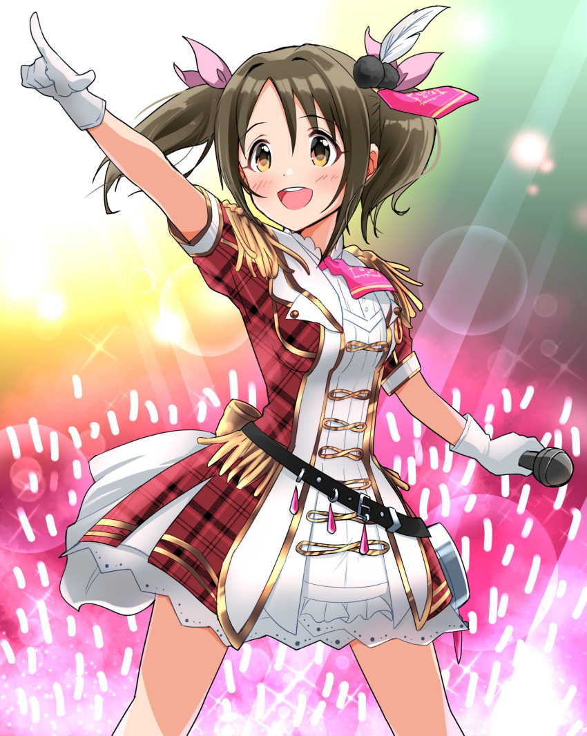 1girl across_the_stars_(idolmaster) arm_up belt black_belt blush bow breasts brown_eyes brown_hair cowboy_shot dot_nose dress epaulettes feather_hair_ornament feathers gloves glowstick hair_bow hair_ornament hair_ribbon highres holding holding_microphone idolmaster idolmaster_cinderella_girls idolmaster_cinderella_girls_starlight_stage imai_kana lens_flare lens_flare_abuse long_hair looking_at_another medium_breasts microphone multicolored_background nanananananasea necktie open_mouth pink_necktie pink_ribbon plaid plaid_dress pointing pointing_at_another reaching ribbon short_sleeves smile solo sparkle stage_lights standing twintails two-tone_dress white_gloves