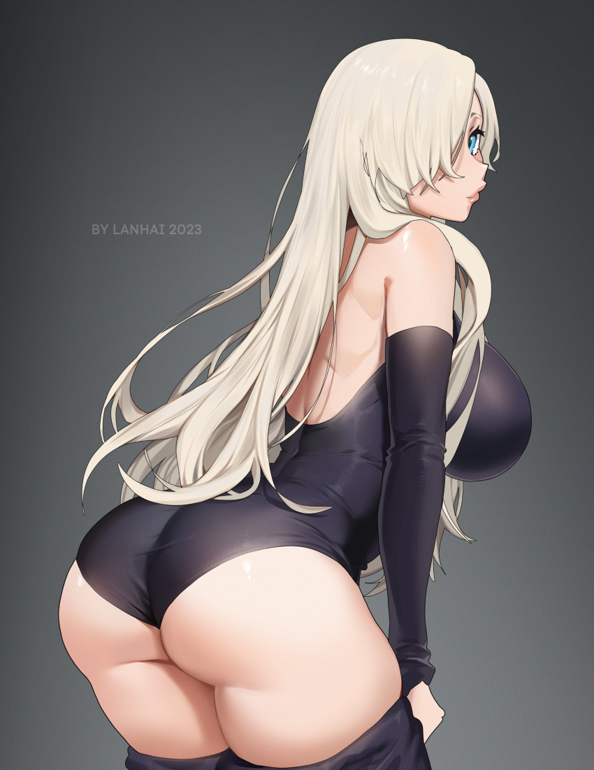 1girl absurdres artist_name ass black_leotard blonde_hair blue_eyes breasts closed_mouth elizabeth_liones hair_over_one_eye highres large_breasts leotard lips long_hair looking_at_viewer nanatsu_no_taizai shoulder_blades simple_background smile solo undressing