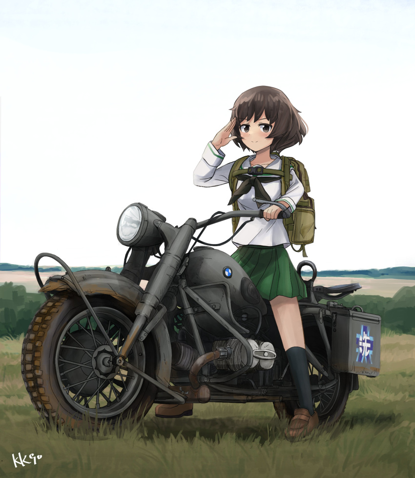 1girl absurdres akiyama_yukari artist_name bmw bmw_r75 brown_eyes brown_hair clear_sky emblem girls_und_panzer grass green_skirt highres kk90 long_sleeves looking_at_viewer motor_vehicle motorcycle mud ooarai_(emblem) ooarai_school_uniform salute school_uniform shirt skirt sky smile solo white_shirt