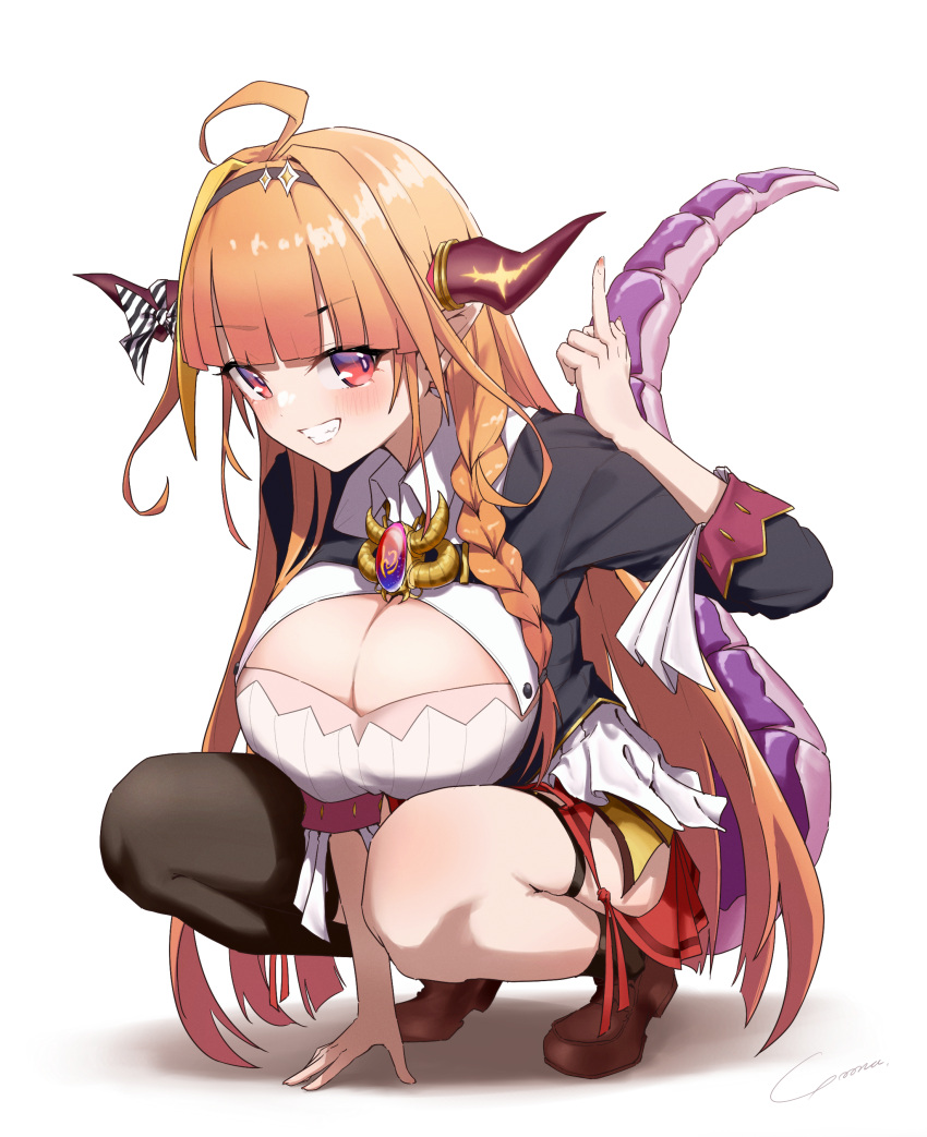 1girl absurdres ahoge black_hairband black_thighhighs braid breasts brown_footwear cleavage cleavage_cutout clenched_teeth clothing_cutout dragon_girl dragon_horns dragon_tail full_body hairband highres hololive horns index_finger_raised kiryu_coco kiryu_coco_(1st_costume) large_breasts loafers long_hair looking_at_viewer orange_hair pointy_ears red_eyes shoes signature simple_background single_braid single_thighhigh smile solo squatting tail teeth thighhighs virtual_youtuber white_background yo_na