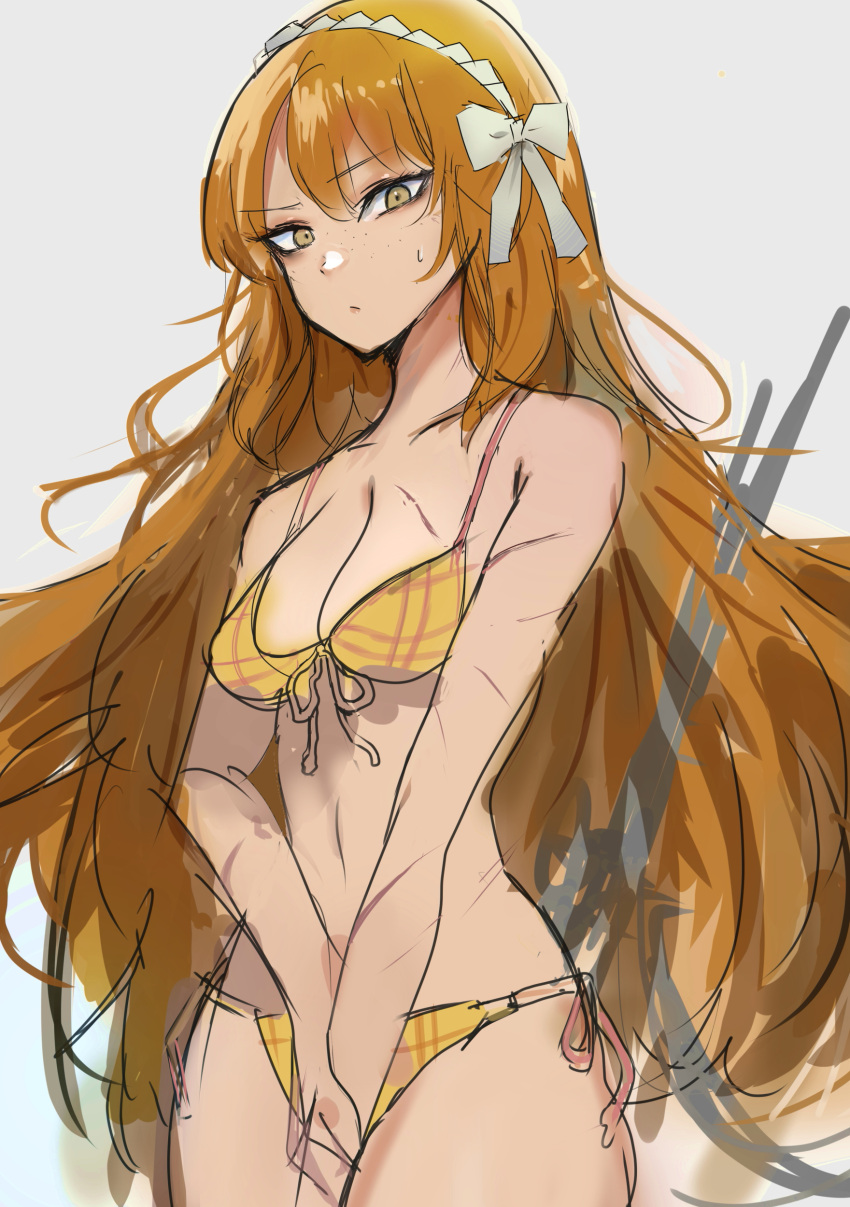 1girl absurdres alternate_costume bad_anatomy bikini bow breasts chuhaibane cleavage closed_mouth collarbone green_eyes hair_bow hairband highres ishmael_(limbus_company) limbus_company long_hair looking_at_viewer orange_bikini orange_hair project_moon scar scar_on_arm scar_on_breasts solo swimsuit very_long_hair white_bow white_hairband