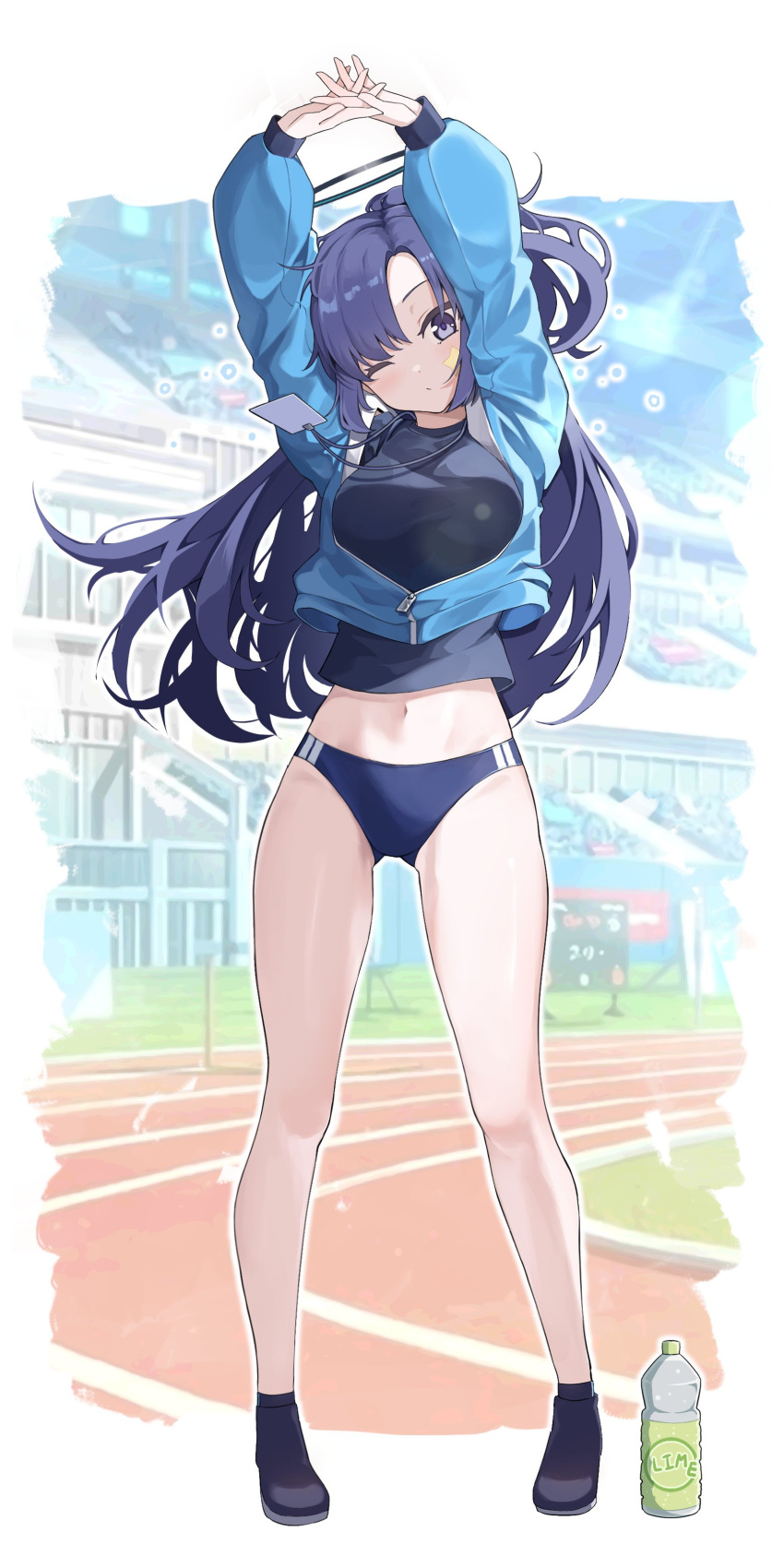 1girl :/ absurdres arms_up black_footwear black_shirt blue_archive blue_buruma blue_eyes blue_jacket bottle breasts buruma commentary_request full_body gym_shirt gym_uniform halo highres id_card jacket juliahsl lanyard light_blush long_hair long_sleeves looking_at_viewer mechanical_halo medium_breasts official_alternate_costume one_eye_closed partially_unzipped puffy_long_sleeves puffy_sleeves purple_hair running_track shirt shoes sneakers solo stadium standing star_sticker sticker_on_face stretching track_jacket water_bottle yuuka_(blue_archive) yuuka_(track)_(blue_archive)