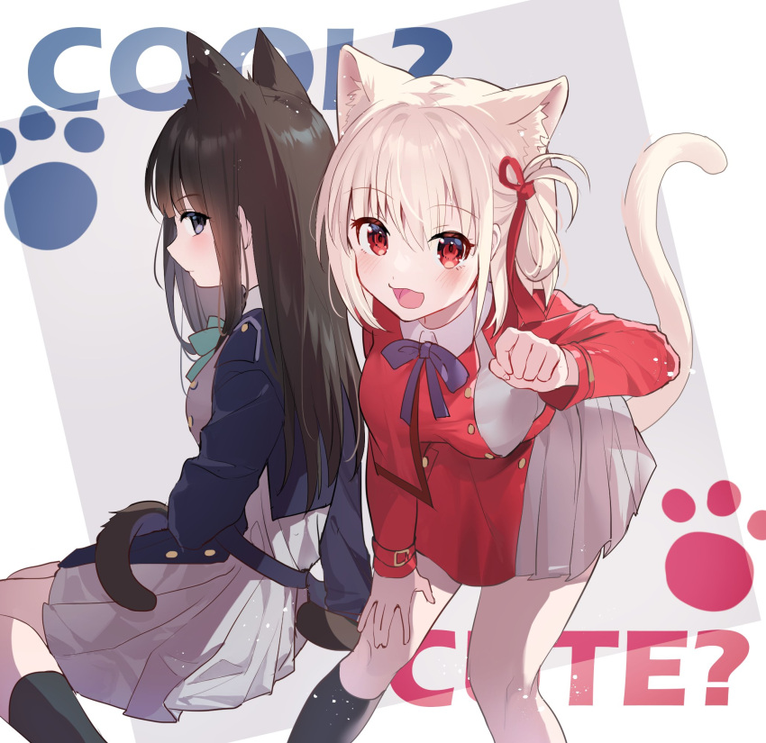 2girls :3 akitsuki_(oenothera) animal_ears boots brown_eyes brown_hair cat_day cat_ears cat_girl cat_tail closed_mouth dress english_text hair_ribbon highres inoue_takina leaning_forward light_blush long_hair long_sleeves looking_at_viewer lycoris_recoil multiple_girls nishikigi_chisato open_mouth paw_pose red_eyes red_ribbon ribbon sitting standing tail white_fur white_hair