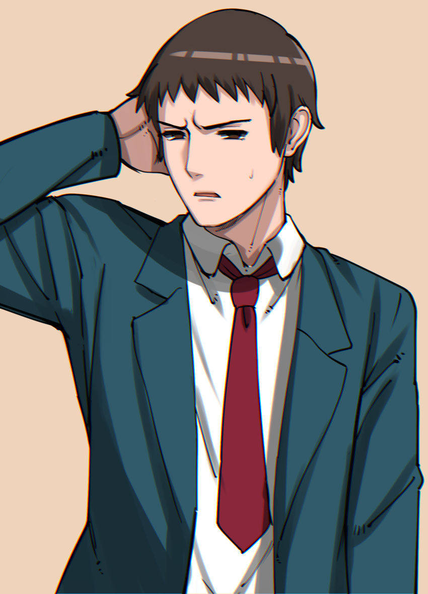 1boy blazer brown_background brown_eyes brown_hair collared_shirt commentary_request green_jacket highres jacket kita_high_school_uniform kyon long_sleeves looking_at_viewer male_focus necktie open_clothes open_jacket red_necktie school_uniform shirt short_hair simple_background solo suzumiya_haruhi_no_yuuutsu sweatdrop takahashi_meishin upper_body white_shirt winter_uniform