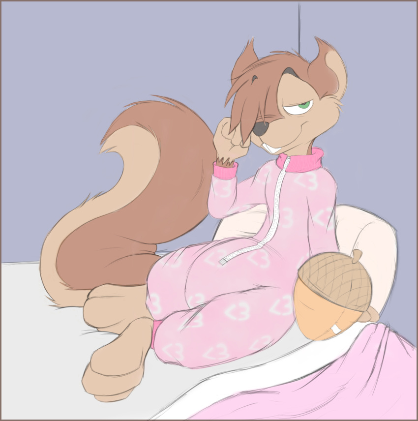 anthro chestnut clothing diaper diaper_under_clothing food fruit hi_res male mammal nut_(fruit) pajamas plant plushie rodent sciurid solo tree_squirrel zenfetcher