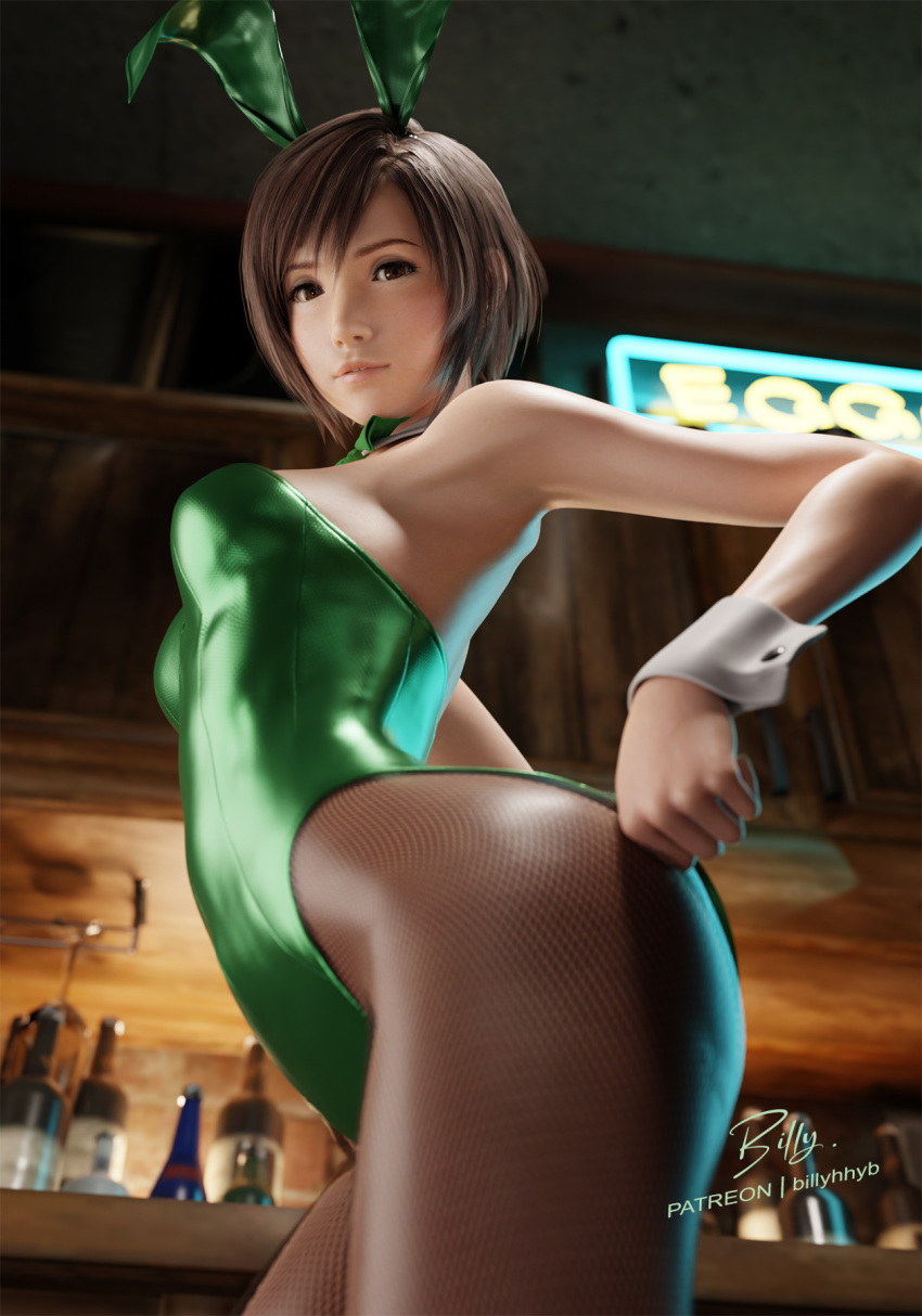 1girl 3d animal_ears arched_back armpits artist_name backless_leotard bar_(place) bare_back bare_shoulders billyhhyb bottle bow bowtie breasts brown_eyes brown_hair brown_pantyhose commentary detached_collar english_commentary fake_animal_ears final_fantasy final_fantasy_vii final_fantasy_vii_remake fishnet_pantyhose fishnets from_below green_bow green_bowtie green_leotard hands_on_own_hips highleg highleg_leotard highres leotard lips looking_at_viewer looking_down medium_breasts neon_sign nose pantyhose parted_lips patreon_username playboy_bunny rabbit_ears short_hair signature solo standing strapless strapless_leotard swept_bangs wrist_cuffs yuffie_kisaragi
