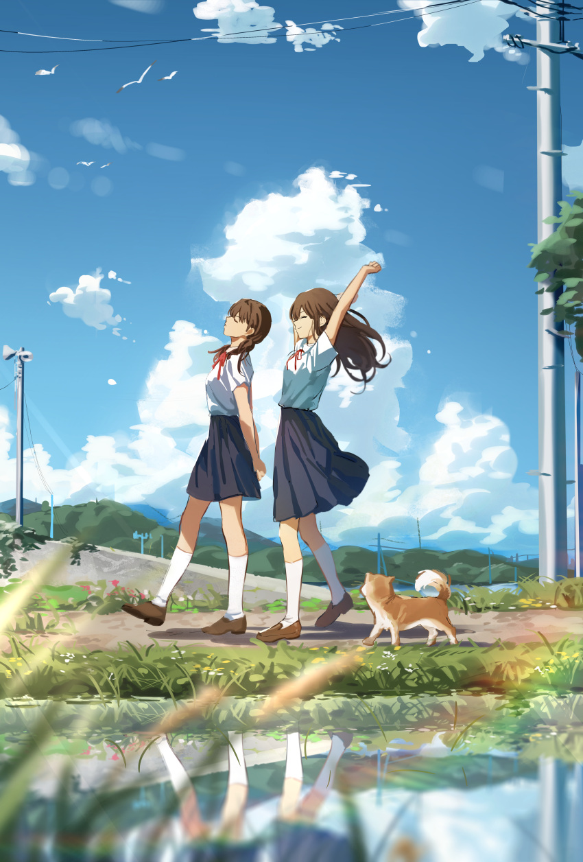 2girls absurdres arms_behind_back bird_wings blue_skirt blue_sky blurry blurry_foreground brown_footwear brown_hair cattail closed_eyes closed_mouth cloud cloudy_sky day dirt_road dog dotz grass hand_up highres hill kneehighs loafers long_hair long_skirt medium_hair multiple_girls nature neckerchief original own_hands_clasped own_hands_together plant pond power_lines red_neckerchief reflection road school_uniform shadow shirt shoes short_sleeves skirt sky smile socks stretching tree utility_pole walking white_shirt white_socks wind wings