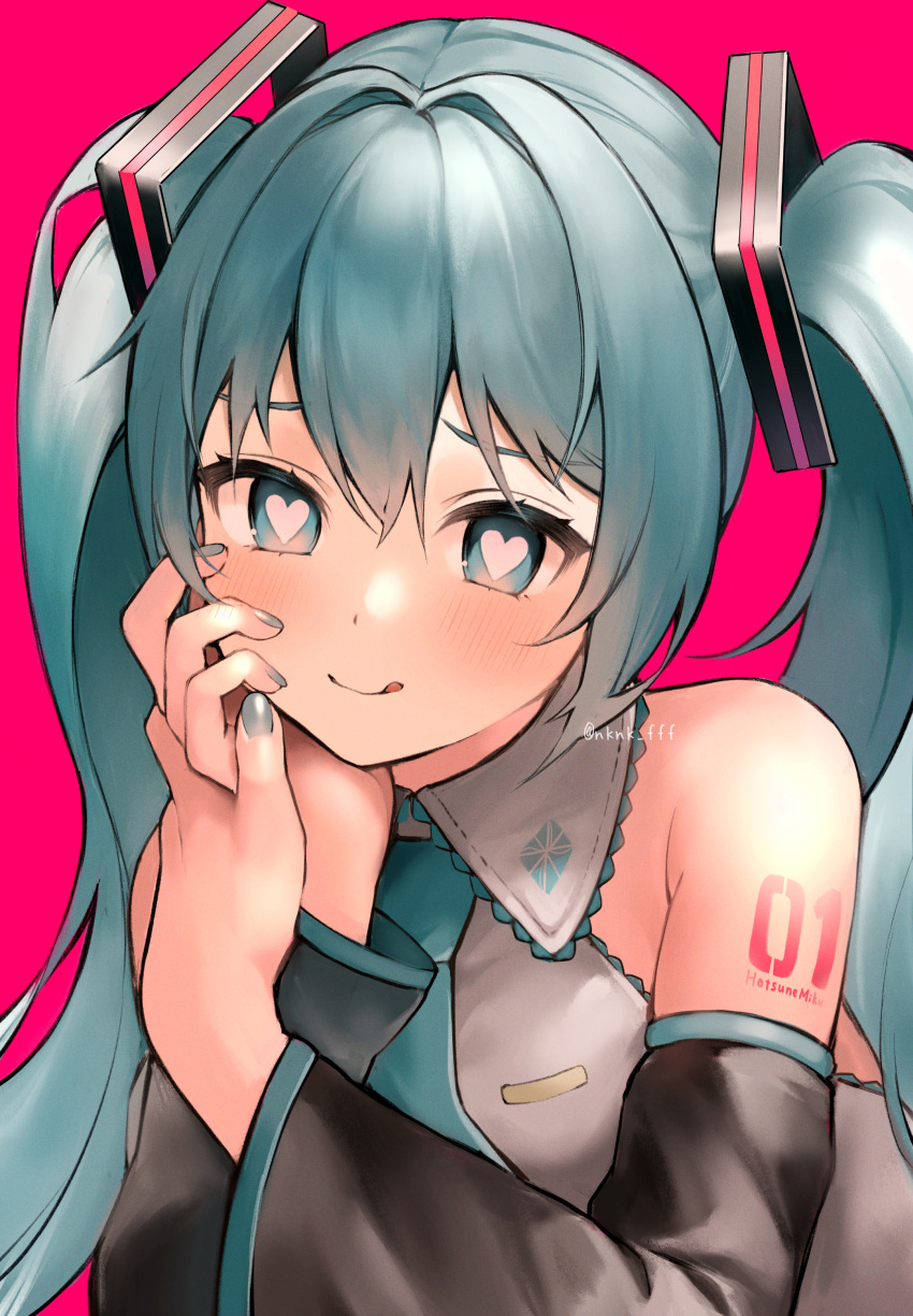 1girl :p absurdres aqua_eyes aqua_hair aqua_nails aqua_necktie bare_shoulders black_sleeves blush collared_shirt commentary_request detached_sleeves grey_shirt hair_between_eyes hair_intakes hair_ornament hand_on_own_face hatsune_miku heart heart-shaped_pupils highres long_hair looking_at_viewer necktie number_tattoo shirt shoulder_tattoo simple_background sleeveless sleeveless_shirt solo symbol-shaped_pupils tananuki tattoo tongue tongue_out twintails twitter_username upper_body vocaloid