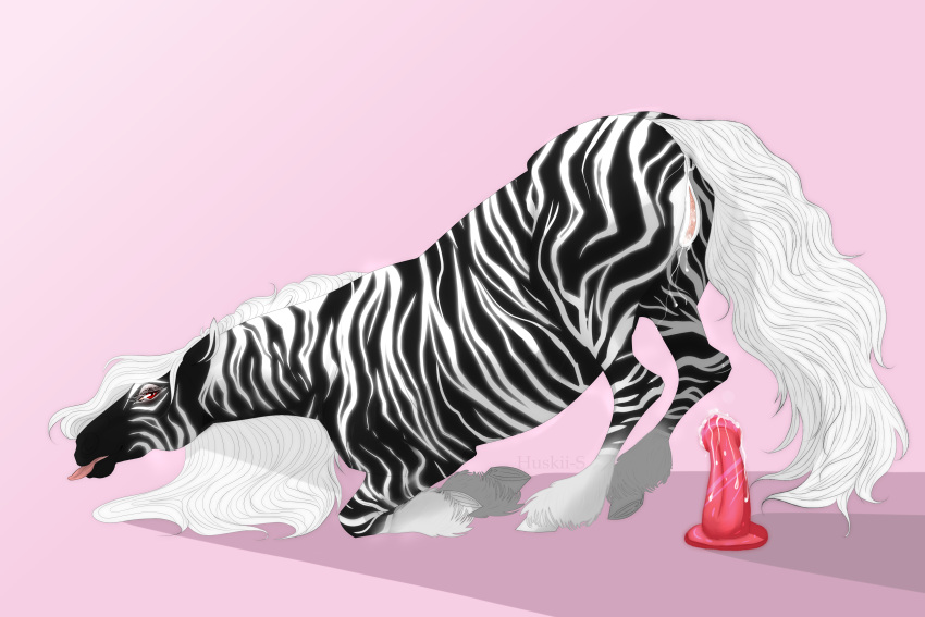 3:2 absurd_res artist_name black_body black_fur eyelashes female feral fur hi_res huskii-s mane narrowed_eyes pink_background red_dildo red_eyes red_tongue simple_background solo striped_back striped_body striped_legs striped_neck stripes tail tongue tongue_out white_body white_fur white_mane white_tail