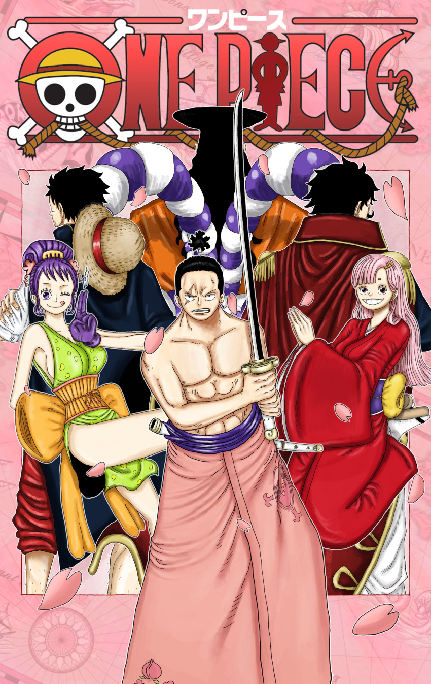 2girls 4boys absurdres back black_hair closed_mouth cover facial_hair fake_cover gol_d._roger highres jaralloart katana kouzuki_oden long_hair looking_at_viewer momonosuke_(one_piece) monkey_d._luffy multiple_boys multiple_girls mustache one_eye_closed one_piece pink_hair purple_hair short_hair smile sword tama_(one_piece) toko_(one_piece) weapon