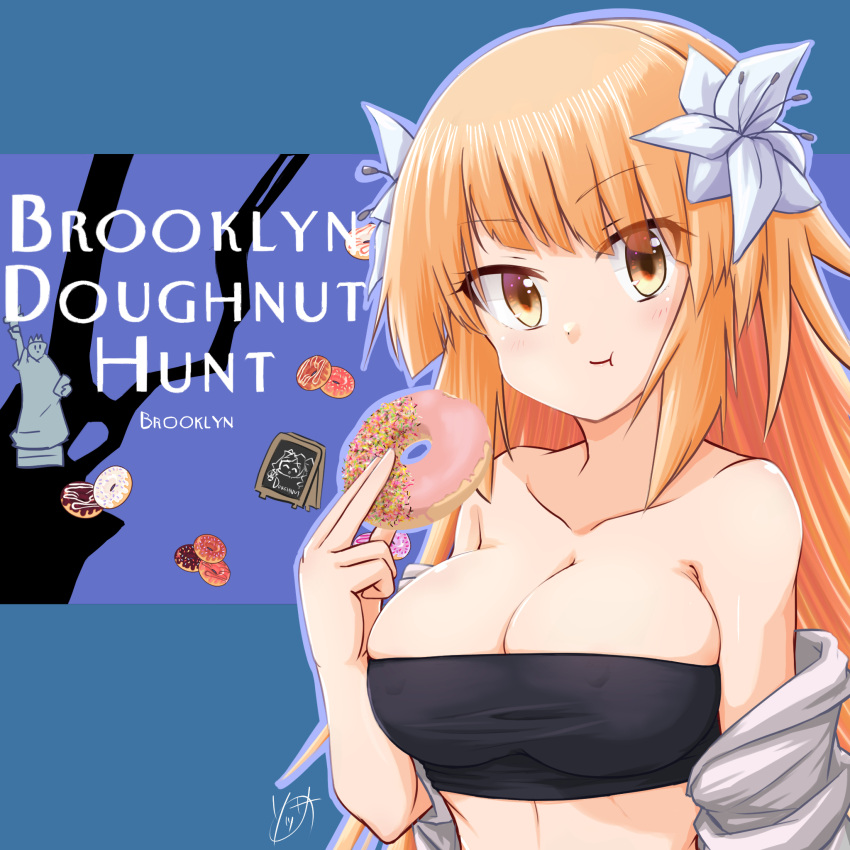 1girl bare_shoulders blonde_hair breasts brooklyn_(kancolle) cleavage collarbone doughnut eating english_text flower food gradient_eyes hair_flower hair_ornament highres holding holding_doughnut holding_food kantai_collection long_hair looking_at_viewer multicolored_eyes solo sosser statue_of_liberty upper_body