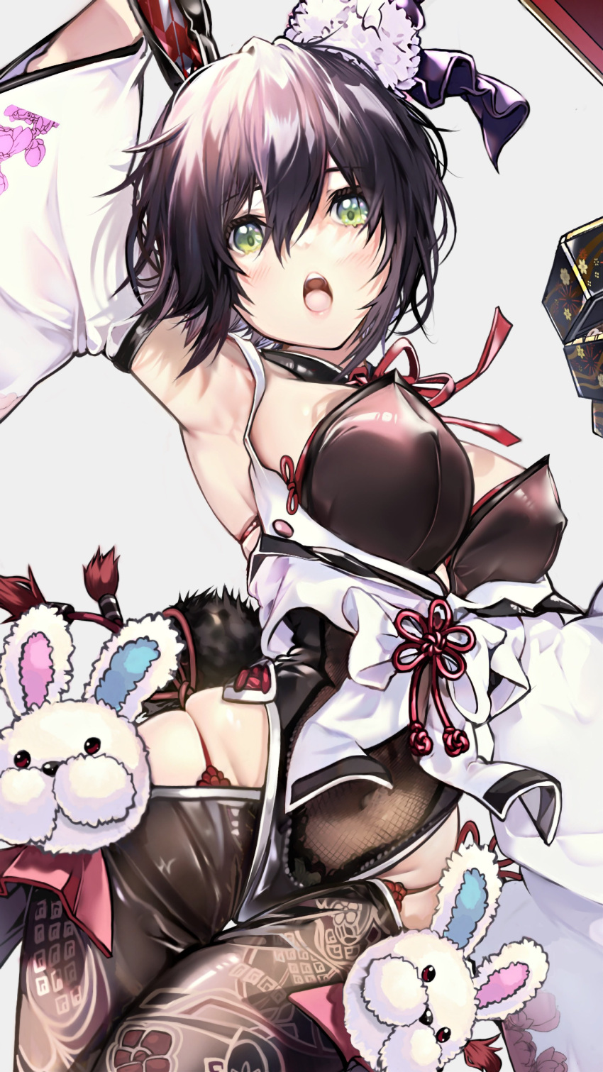 1girl :o absurdres animal_ears arm_up armpits black_hair black_leotard breasts covered_navel cowboy_shot detached_collar detached_sleeves fake_animal_ears fujiya_takao green_eyes highres hip_vent japanese_clothes kusunoki_suzu large_breasts leotard looking_at_viewer neck_ribbon open_mouth original panty_straps playboy_bunny rabbit_ears revision ribbon short_hair skindentation sleeveless solo strapless strapless_leotard wide_sleeves yagasuri