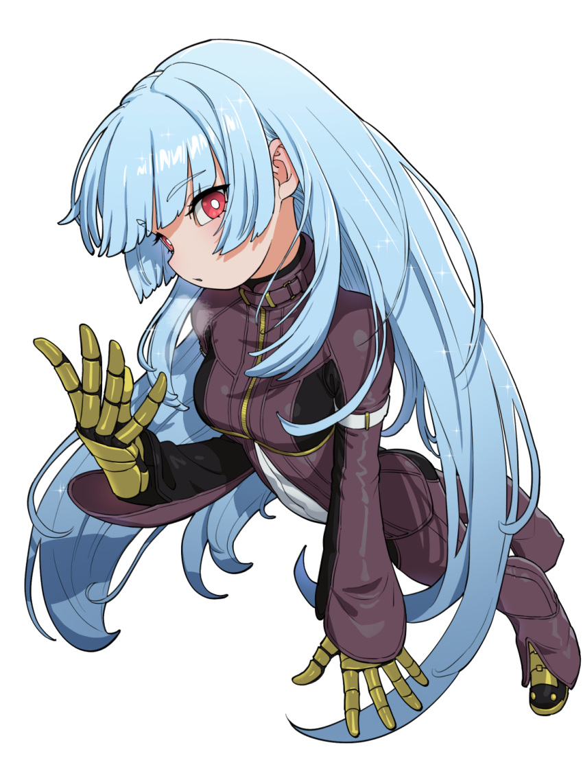 1girl belt blue_hair bodysuit breasts full_body gloves highres kula_diamond long_hair looking_at_viewer medium_breasts purple_eyes simple_background sincostan0148 the_king_of_fighters the_king_of_fighters_xv turtleneck white_background zipper