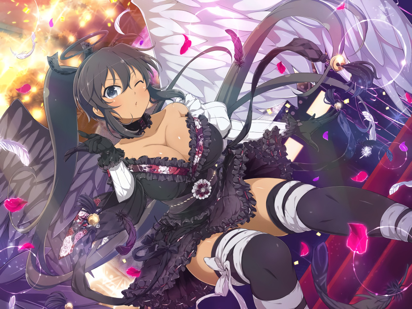 1girl angel_wings armpit_crease bandages bare_shoulders bell black_choker black_dress black_feathers black_flower black_gloves black_hair black_halo black_ribbon black_thighhighs blowing_kiss blush bow breasts brown_hair choker cleavage dark-skinned_female dark_halo dark_skin dress falling_feathers falling_petals feathered_wings feathers floral_print flower frilled_choker frilled_dress frilled_gloves frills gloves gothic gothic_lolita grey_eyes halo high_ponytail highres homura_(senran_kagura) jingle_bell large_breasts lens_flare lolita_fashion long_hair long_sleeves looking_at_viewer mismatched_wings obi official_alternate_eye_color official_art ofuda ofuda_on_head one_eye_closed petals ponytail ribbon sash screen senran_kagura senran_kagura_new_link senran_kagura_shoujo-tachi_no_shin'ei shiny_skin solo stage_lights stairs tan thighhighs very_long_hair white_bow white_feathers wings