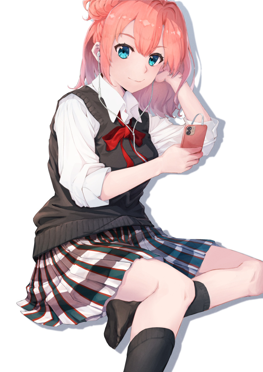 1girl agmt aqua_eyes black_socks black_sweater_vest cellphone closed_mouth collared_shirt earphones hair_bun head_rest highres holding holding_phone listening_to_music looking_at_viewer lying neck_ribbon on_side orange_hair phone plaid plaid_skirt pleated_skirt red_ribbon ribbon shirt single_hair_bun single_side_bun skirt smartphone socks solo sweater_vest white_shirt yahari_ore_no_seishun_lovecome_wa_machigatteiru. yuigahama_yui