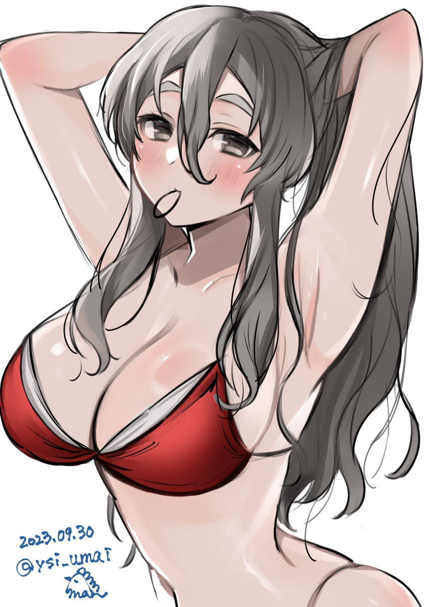 1girl arms_behind_head bikini breasts brown_eyes cleavage grey_hair highres kantai_collection large_breasts leaning_forward mouth_hold one-hour_drawing_challenge pola_(kancolle) red_bikini rubber_band simple_background solo swimsuit thick_eyebrows toriniku_senshi_chikinman upper_body wavy_hair white_background