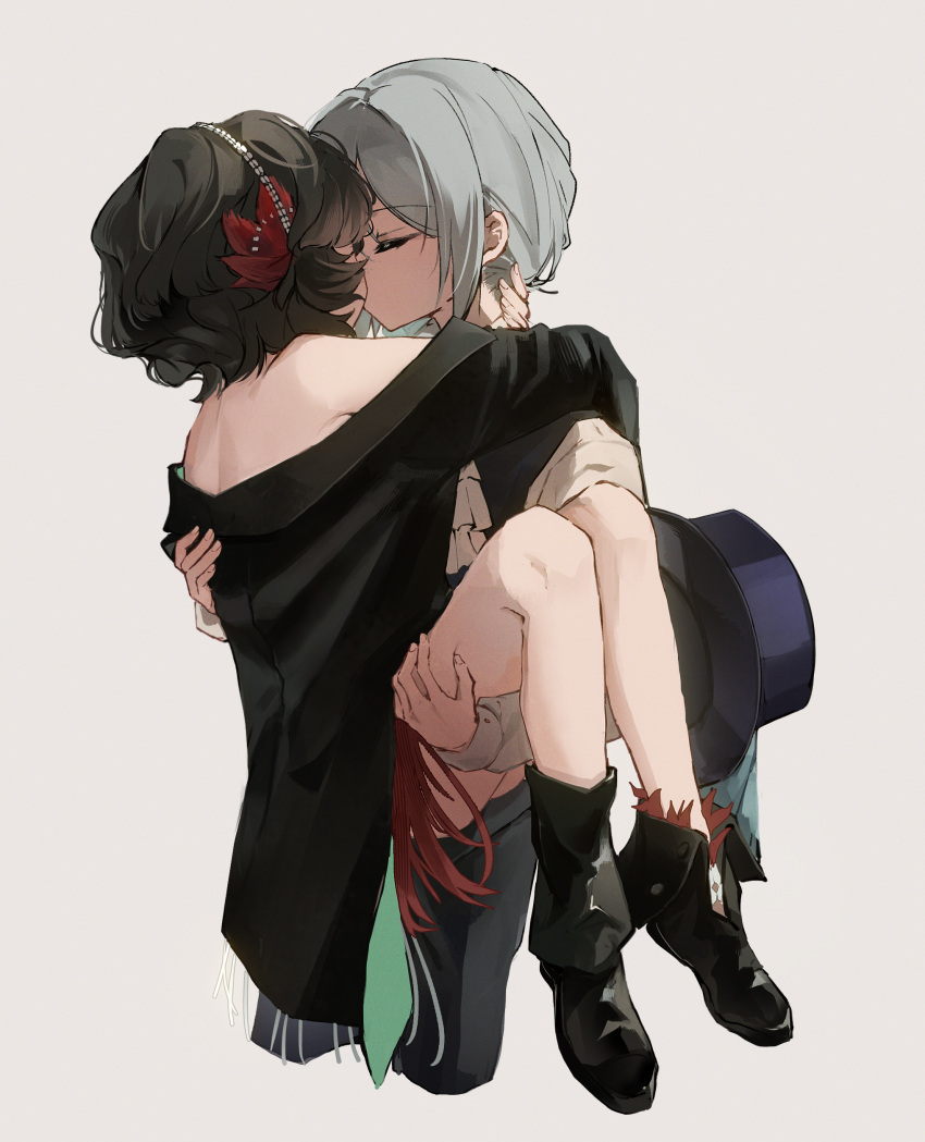 2girls absurdres bare_shoulders black_coat black_footwear black_hair boots carrying closed_eyes coat commentary english_commentary feather_hair grey_background grey_hair hand_on_another's_back hand_on_another's_neck hat highres hug kiss kyan_(wstckhl) long_sleeves multiple_girls princess_carry reverse:1999 schneider_(reverse:1999) short_hair simple_background top_hat unworn_headwear vertin_(reverse:1999) yuri