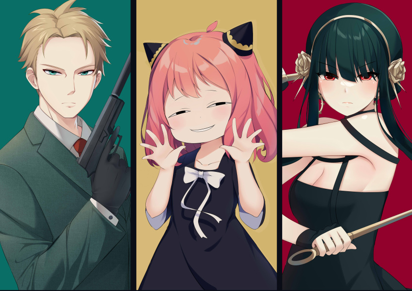 &lt;o&gt;_&lt;o&gt; 1boy 2girls absurdres anya's_heh_face_(meme) anya_(spy_x_family) bare_shoulders black_dress black_gloves black_hair blonde_hair blue_eyes breasts cleavage column_lineup commentary dagger dress flower frown gloves green_background green_suit hair_flower hair_ornament hairband hairpods hands_up highres holding holding_weapon ikazu401 knife looking_at_viewer meme multiple_girls necktie pink_hair red_background red_eyes red_necktie short_hair spy_x_family suit suppressor trigger_discipline twilight_(spy_x_family) upper_body weapon yellow_background yor_briar