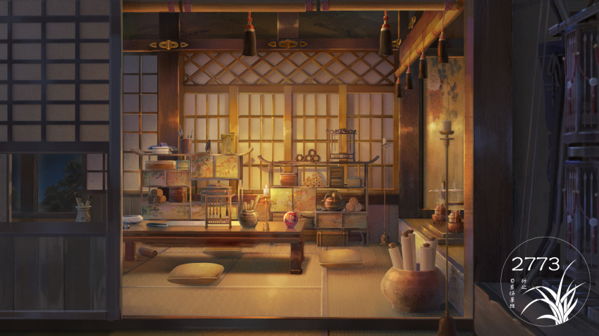 artist_logo bamboo_screen candle candlestand cushion highres indoors no_humans original scenery scroll shelf table vase window xingzhi_lv