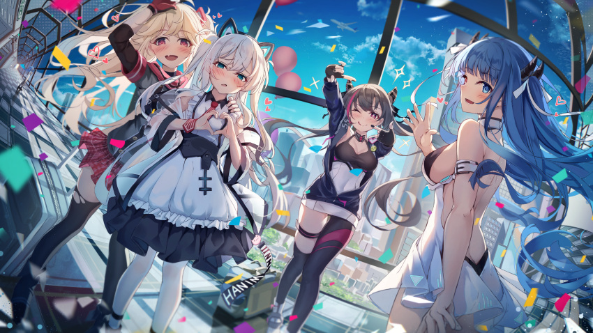 5girls ;p absurdres animal_ears asymmetrical_legwear azur_lane backless_dress backless_outfit balloon bare_shoulders black_dress black_gloves black_thighhighs blonde_hair blue_eyes blue_hair blue_sky bluecher_(azur_lane) blush breasts cat_ears character_name cleavage confetti detached_sleeves dress fake_animal_ears fang fingerless_gloves fisheye frilled_dress frills from_side gloves grey_hair hair_between_eyes hair_horns hallway hammann_(azur_lane) hammann_ii_(azur_lane) heart heart_hands heaven's_melody heterochromia highres horns ibuki_(azur_lane) indoors jacket long_hair long_sleeves looking_at_crotch looking_at_viewer medium_breasts miniskirt multicolored_clothes multicolored_hair multicolored_jacket multicolored_scarf multiple_girls multiple_horns one_eye_closed open_mouth pantyhose partially_unzipped pink_hair plaid plaid_skirt pleated_skirt purple_eyes red_eyes red_gloves red_skirt san_francisco_(azur_lane) scarf see-through see-through_sleeves sideboob skin_fang skirt sky smile standing standing_on_one_leg streaked_hair thighhighs tongue tongue_out torn_clothes torn_thighhighs twintails two-tone_dress two-tone_hair two-tone_jacket very_long_hair white_dress white_hair white_pantyhose