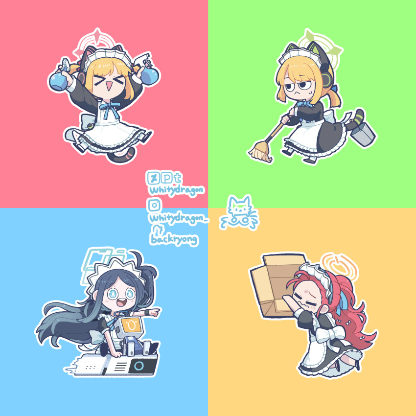 &gt;_&lt; 4girls absurdly_long_hair animal_ear_headphones animal_ears apron aris_(blue_archive) black_hair blonde_hair blue_archive blue_eyes blue_halo box bright_pupils broom bucket cat_ear_headphones cat_tail chibi closed_eyes deviantart_username english_commentary fake_animal_ears forehead game_development_department_(blue_archive) green_halo halo headphones highres holding holding_broom instagram_username long_hair maid maid_apron maid_headdress midori_(blue_archive) momoi_(blue_archive) multiple_girls official_alternate_costume one_side_up pink_halo pixiv_username pointing pointing_forward red_hair robot siblings sisters sweatdrop tail tumblr_username twins twitter_username very_long_hair white_pupils whitydragon yellow_halo yuzu_(blue_archive)