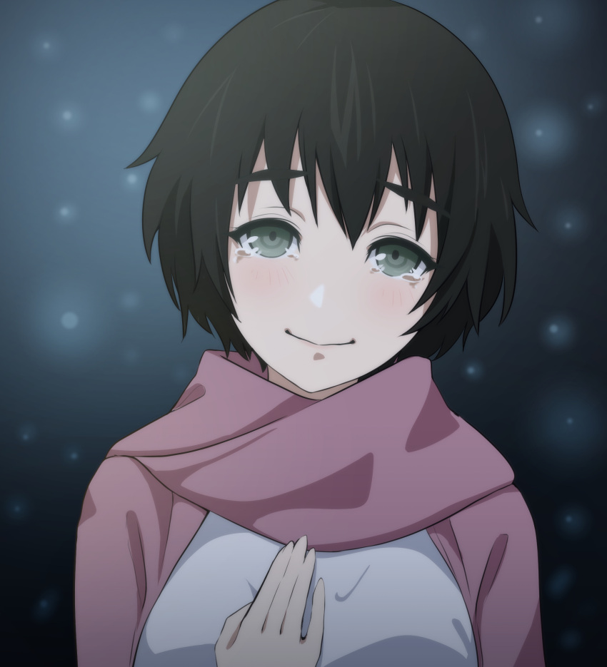 1girl black_hair closed_mouth green_eyes highres light_blush looking_at_viewer scarf shiina_mayuri shirt smile solo steins;gate steins;gate_0 tearing_up tsubonu_ma upper_body white_shirt