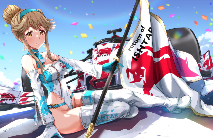 1girl bare_shoulders blue_sky blush boots breasts brown_hair car cleavage cloud confetti day detached_sleeves earrings flag gloves hair_bun hairband high_heels highleg highleg_leotard highres idolmaster idolmaster_million_live! jewelry leotard long_hair looking_at_viewer medium_breasts motor_vehicle open_mouth outdoors race_queen race_vehicle racecar run_p_(aveton) scarf shoes sidelocks sitting sky smile solo tenkubashi_tomoka thigh_boots thighhighs two-tone_gloves two-tone_leotard white_footwear yellow_eyes zipper