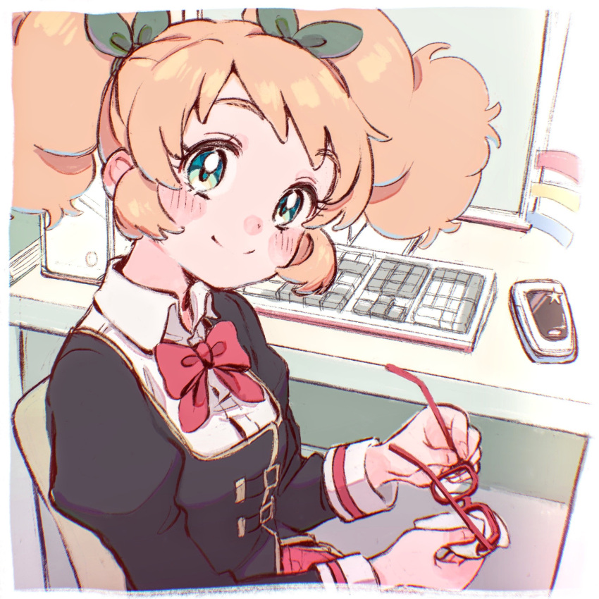 1girl aikatsu! aikatsu!_(series) black_jacket blazer blonde_hair blush blush_stickers border bow bowtie chair cleaning_glasses closed_mouth collared_shirt computer desk dream_academy_school_uniform eyewear_removed from_above from_side glasses green_ribbon hair_bow hair_ribbon highres holding holding_eyewear indoors jacket keyboard_(computer) long_hair long_sleeves looking_at_viewer looking_to_the_side monitor mouse_(computer) multicolored_clothes on_chair pleated_skirt puffy_sleeves red-framed_eyewear red_bow red_bowtie red_skirt ribbon saegusa_kii school_uniform shirt sidelocks sitting skirt smile solo table twintails upper_body white_shirt wing_collar yukigunixx