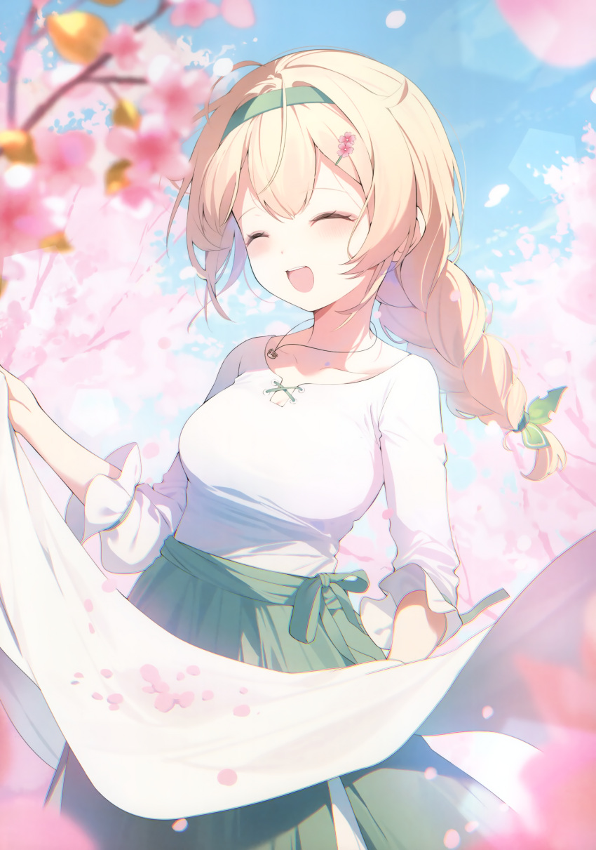 1girl absurdres alternate_costume blonde_hair blue_sky blurry blurry_foreground blush braid braided_ponytail breasts casual cherry_blossoms closed_eyes collarbone cowboy_shot day facing_viewer flower green_hairband green_skirt hair_flower hair_ornament hairband hairclip hana_mori high-waist_skirt highres hololive jewelry kazama_iroha lens_flare long_hair long_sleeves medium_breasts necklace open_mouth outdoors pink_flower scan shirt sidelocks single_braid skirt sky smile solo teeth upper_teeth_only virtual_youtuber white_shirt