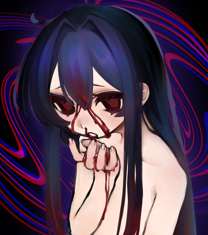 1girl abstract_background black_background black_hair bleeding blood blood_in_hair blood_on_face blood_on_hands blue_background commentary_request completely_nude furrowed_brow gradient_hair hair_intakes half-closed_eyes hand_up highres looking_at_viewer multicolored_background multicolored_hair no_pupils nosebleed nude open_mouth original raised_eyebrows red_background red_eyes red_hair sidelocks solo thick_eyelashes uee_m upper_body