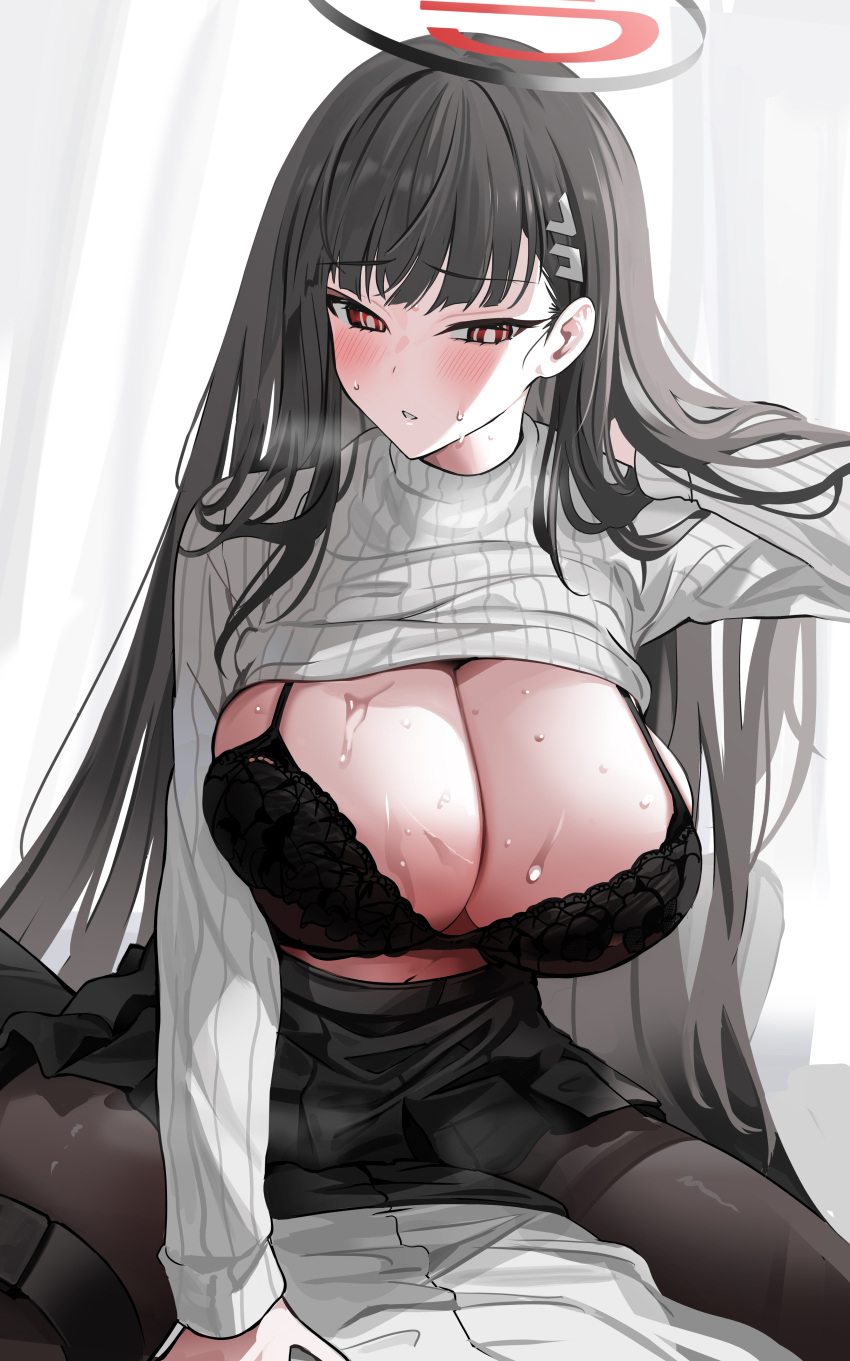 1boy 1girl absurdres black_hair black_pantyhose blue_archive blunt_bangs blush breasts clothes_pull girl_on_top hair_ornament hairclip halo hetero highres huge_breasts long_hair long_sleeves pantyhose pleated_skirt red_eyes rio_(blue_archive) sensei_(blue_archive) skirt sweat sweater sweater_pull turtleneck turtleneck_sweater very_long_hair white_sweater yuki_(asayuki101)