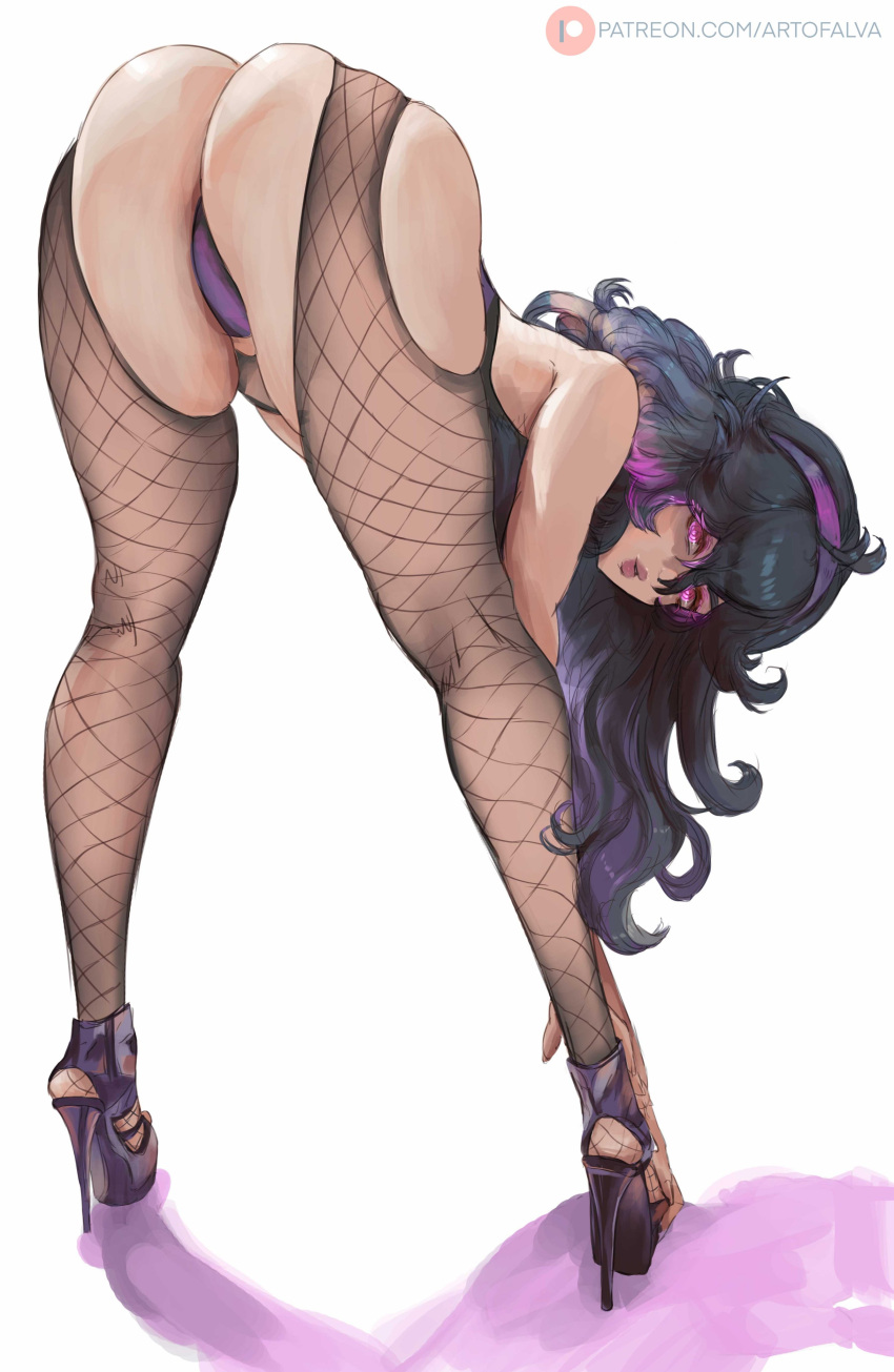 1girl absurdres alva_(artofalva) arched_back ass bags_under_eyes black_thighhighs breasts curvy fishnet_pantyhose fishnets flexible gothic hairband half-closed_eyes hex_maniac_(pokemon) high_heels highres huge_ass huge_breasts long_hair looking_at_viewer looking_back messy_hair pantyhose patreon_logo patreon_username platform_footwear pokemon pokemon_(game) pokemon_xy purple_hairband simple_background solo thighhighs thong top-down_bottom-up underwear wedgie