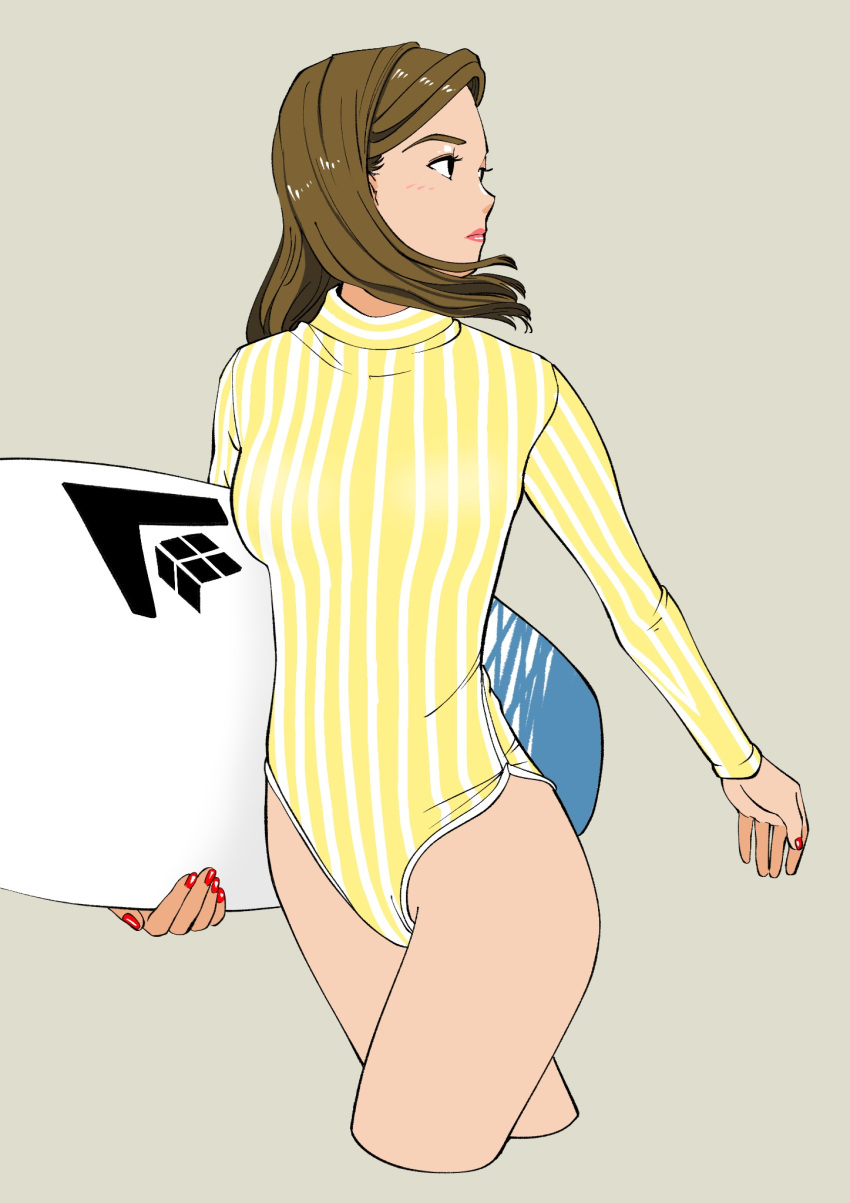 1girl brown_hair collared_one-piece_swimsuit cropped_legs grey_background highres holding holding_surfboard looking_to_the_side medium_hair nail_polish one-piece_swimsuit original red_nails sakamoto_giulietta simple_background solo striped striped_one-piece_swimsuit surfboard surfing swimsuit two-tone_one-piece_swimsuit vertical-striped_one-piece_swimsuit vertical_stripes walking white_stripes yellow_one-piece_swimsuit