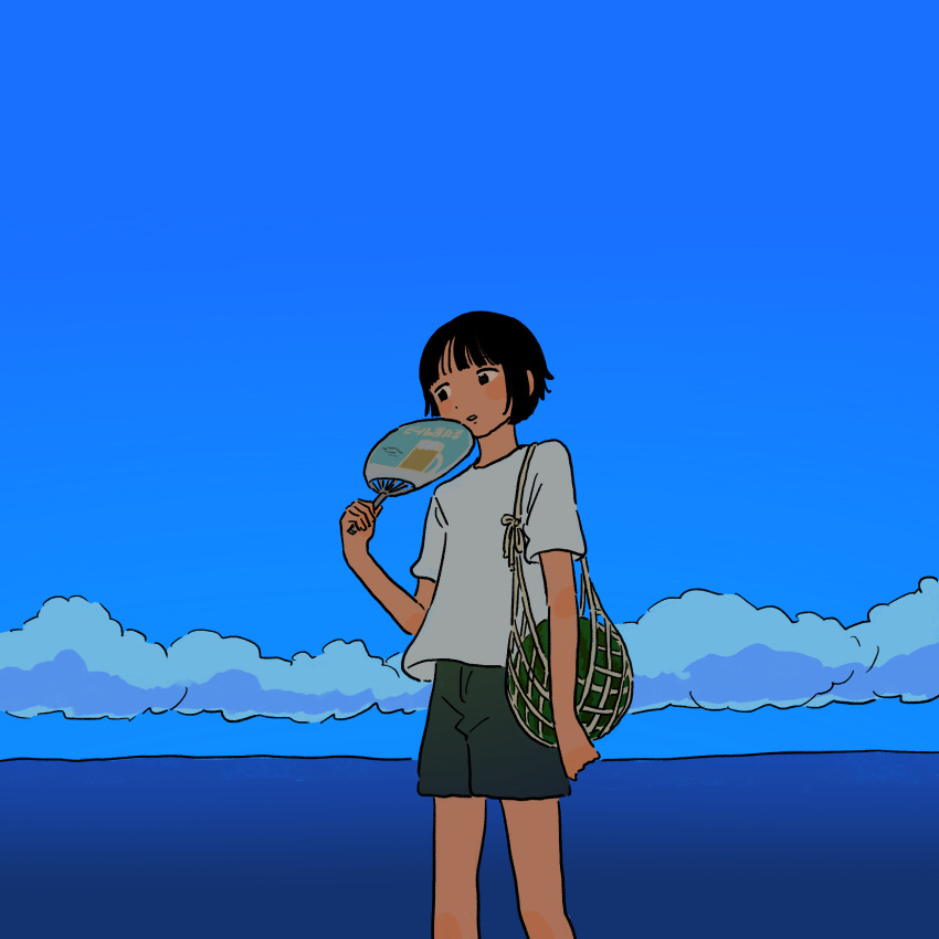 1girl absurdres bag black_eyes black_shorts blue_sky choppy_bangs cloud commentary_request day fanning_self feet_out_of_frame food fruit fucca hand_fan hand_up highres holding holding_fan looking_to_the_side net ocean original outdoors paper_fan parted_lips shirt short_hair short_sleeves shorts shoulder_bag sky solo standing t-shirt uchiwa watermelon white_shirt