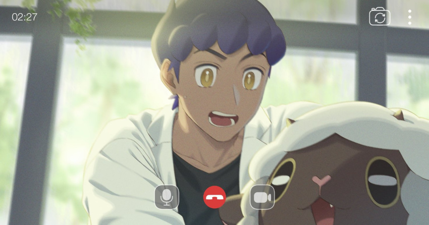 1boy black_shirt blurry blurry_background bright_pupils coat commentary dark-skinned_male dark_skin hop_(pokemon) indoors looking_down male_focus open_clothes open_coat open_mouth pokemon pokemon_(creature) pokemon_(game) pokemon_swsh purple_hair sankaku shirt short_hair sweatdrop symbol-only_commentary teeth timestamp tongue video_call white_coat wooloo yellow_eyes