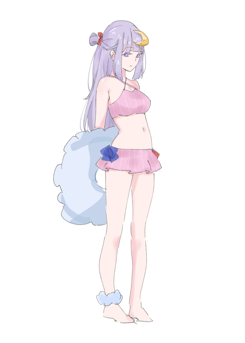 1girl adapted_costume bikini crescent crescent_hair_ornament full_body hair_ornament highres innertube long_hair navel one-hour_drawing_challenge one_side_up patchouli_knowledge pink_bikini purple_eyes purple_hair simple_background solo standing striped striped_bikini swimsuit tohoyuukarin touhou vertical-striped_bikini vertical_stripes white_background