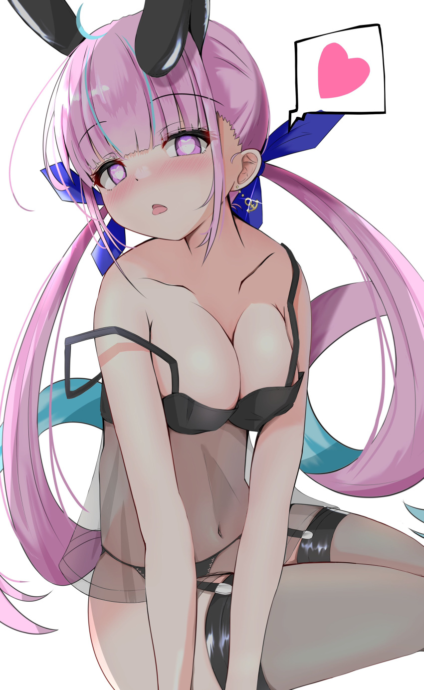 1girl absurdres black_panties blue_ribon blush character_request collarbone garter_straps heart heart-shaped_pupils highres long_hair looking_at_viewer masaharu21 navel nightgown open_mouth panties pink_eyes pink_hair simple_background solo symbol-shaped_pupils tongue tongue_out underwear very_long_hair white_background