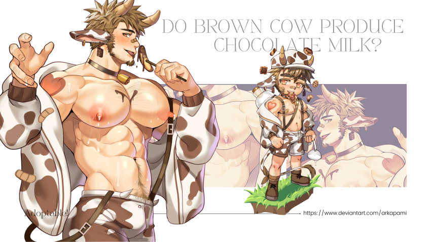 1boy abs absurdres adoptable animal_costume animal_ears animal_print arkapami bandaid bandaid_on_face bandaid_on_nose bara bare_pectorals bell blush bottle brown_hair bulge chest_hair chibi chocolate_banana cow_boy cow_costume cow_ears cow_horns cow_print cow_tail cowbell ear_tag facial_hair feet_out_of_frame goatee highres horns jacket jacket_partially_removed knuckle_hair lactation large_pectorals licking long_sideburns looking_at_viewer looking_back male_focus male_lactation milk milk_bottle muscular muscular_male navel navel_hair nipples off_shoulder original pectorals seductive_smile short_hair sideburns smile stomach stubble tail thick_eyebrows