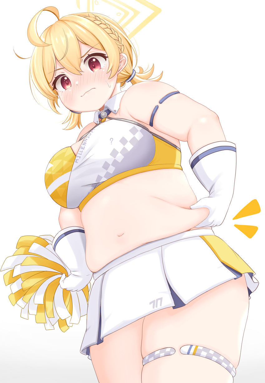 1girl ? absurdres ahoge armlet belly_grab blonde_hair blue_archive blush braid breasts closed_mouth commentary_request cowboy_shot dot_nose gloves hair_between_eyes halo highres holding kotori_(blue_archive) kotori_(cheer_squad)_(blue_archive) large_breasts midriff millennium_cheerleader_outfit_(blue_archive) miniskirt muffin_top navel notice_lines pleated_skirt plump pom_pom_(cheerleading) red_eyes short_twintails simple_background skirt solo sweatdrop thick_arms thick_thighs thighlet thighs triangle_halo twintails white_background white_gloves white_skirt wing_collar yellow_halo yutagami